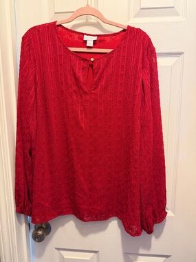 croft & barrow Red Textured Long-Sleeve Keyhole Blouse